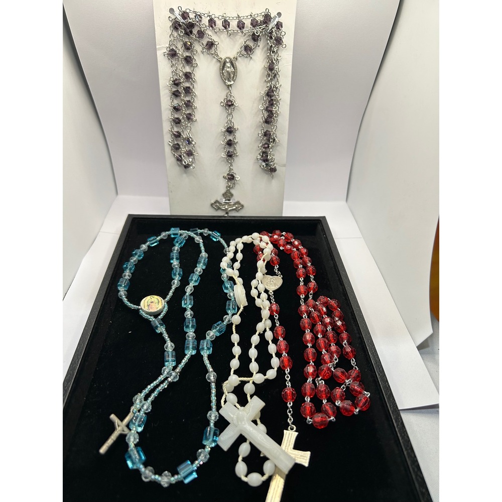 Rosary Necklaces Cross Crucifix Prayer Catholic Beads Glass Plastic‎ Lot of 4